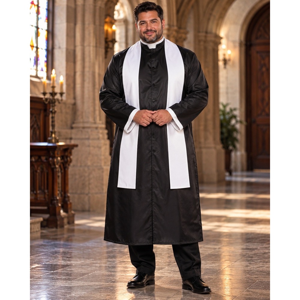 Father Padre Priest Clergy Costume Mens Adult Plus Black Robe 3 Piece Rosary